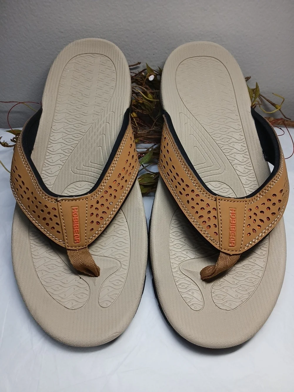 Hobibear Men's Beige/Tan Perforated Flip Flops - Comfort Trail Sandals